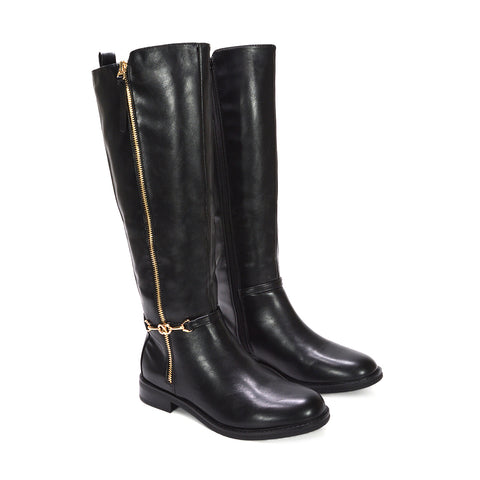 Comfortable flat riding boots, Gold zip black boots, Stylish winter boots for women,