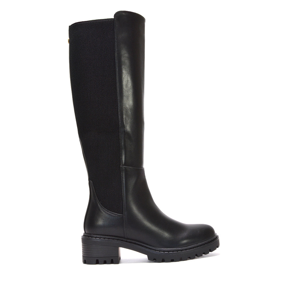Chunky sole knee boots, Knee-high boots with stretch back panel, Affordable black PU winter boots, Fall fashion boots for women