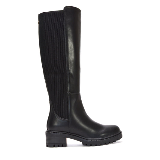 Chunky sole knee boots, Knee-high boots with stretch back panel, Affordable black PU winter boots, Fall fashion boots for women