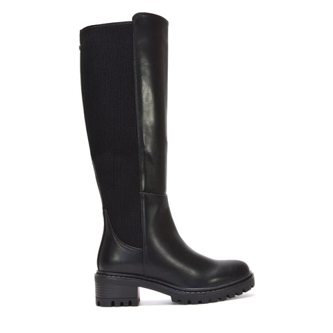 Chunky sole knee boots, Knee-high boots with stretch back panel, Affordable black PU winter boots, Fall fashion boots for women