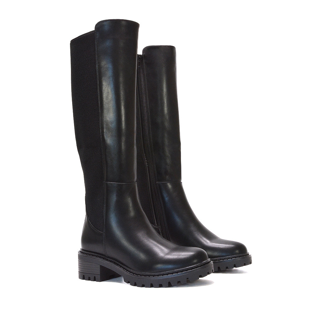 Black PU knee-high boots, Women’s winter boots black, Women’s black PU leather knee-high winter boots, Buy winter boots for women knee high, Stretch panel knee boots