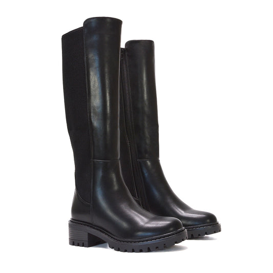 Black PU knee-high boots, Women’s winter boots black, Women’s black PU leather knee-high winter boots, Buy winter boots for women knee high, Stretch panel knee boots