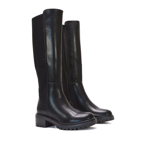 Black PU knee-high boots, Women’s winter boots black, Women’s black PU leather knee-high winter boots, Buy winter boots for women knee high, Stretch panel knee boots
