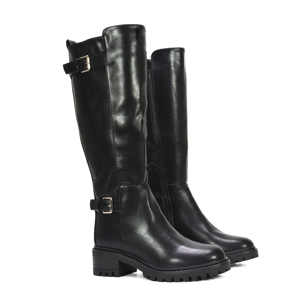 women’s black tall boots, black buckle knee boots, women’s black knee high boots with buckles, winter fashion black boots, knee length boots with buckle detail, stylish tall boots for fall and winter, casual boots for everyday outfits, PU tall boots for women, trending women’s knee high boots
