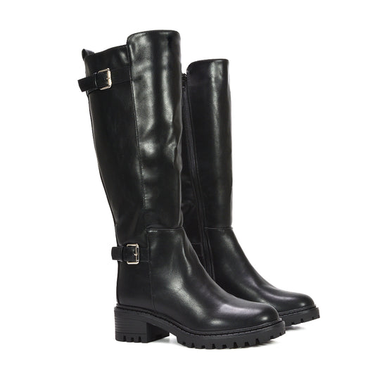 women’s black tall boots, black buckle knee boots, women’s black knee high boots with buckles, winter fashion black boots, knee length boots with buckle detail, stylish tall boots for fall and winter, casual boots for everyday outfits, PU tall boots for women, trending women’s knee high boots