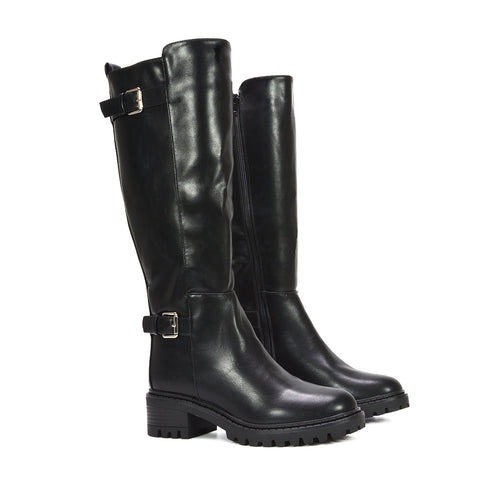 women’s black tall boots, black buckle knee boots, women’s black knee high boots with buckles, winter fashion black boots, knee length boots with buckle detail, stylish tall boots for fall and winter, casual boots for everyday outfits, PU tall boots for women, trending women’s knee high boots