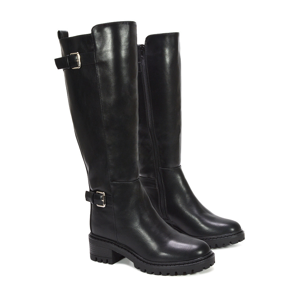 black chunky heel boots, classic black tall boots for women, best boots for cold weather outfits, boots for jeans and leggings outfits, chunky boots, biker boots, knee high boots, knee high biker boots, riding boots