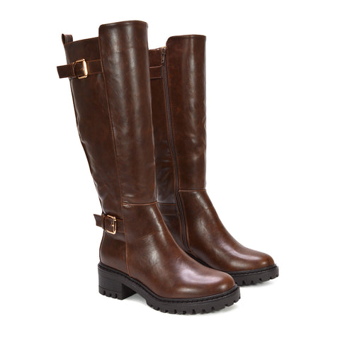 women’s brown riding boots, stylish brown faux leather riding boots, everyday brown boots for casual wear, dark brown PU knee boots