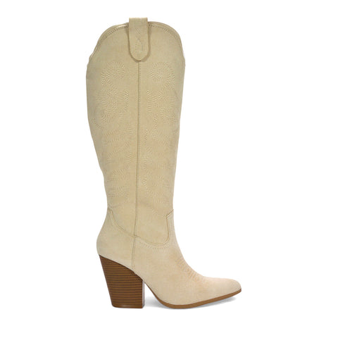 boots for Harry Styles concert outfit, faux suede western boots, cowboy boots for concerts, beige knee high cowboy boots
