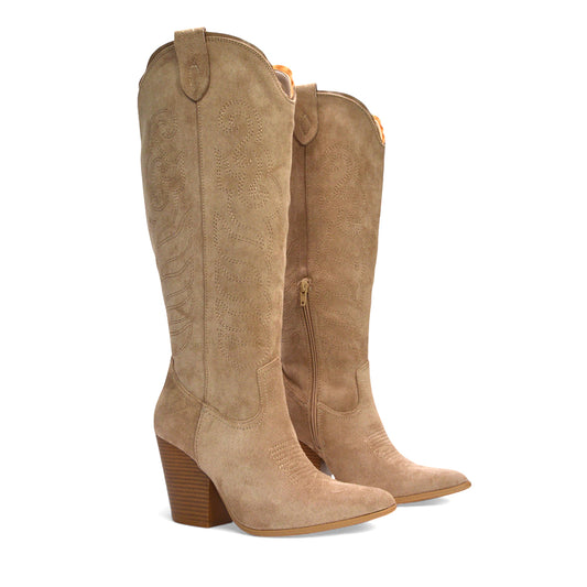 nashville cowgirl boot, music festival cowgirl boots, faux suede cowgirl boots, tan knee high cowboy boots