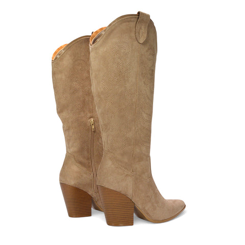 cowgirl boots summer festival outfit, Trendy knee high faux suede western boots with chunky block heel, summer western boots women, tan block heel boots