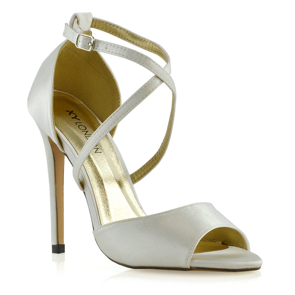 Gwen Cross Over Strappy Peep Toe Stiletto High Heel Bridal Shoes Satin