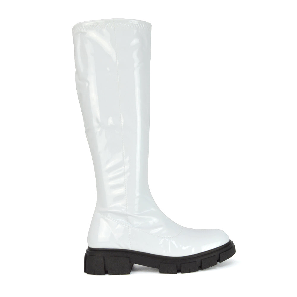 BLACK PATENT | XY London | Black Biker Boots,Black Knee High Biker Boots,Black Chunky Boots