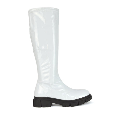 BLACK PATENT | XY London | Black Biker Boots,Black Knee High Biker Boots,Black Chunky Boots