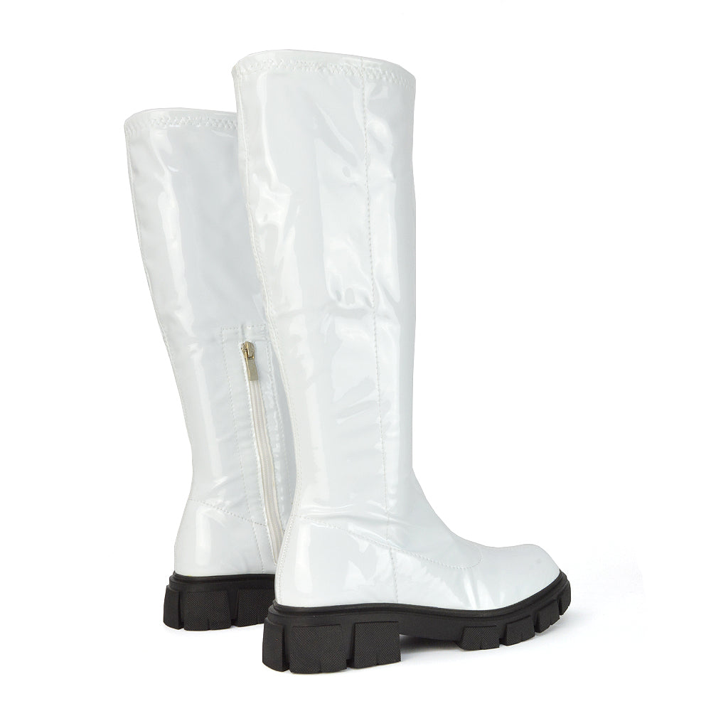 BLACK PATENT | XY London | Black Biker Boots,Black Knee High Biker Boots,Black Chunky Boots