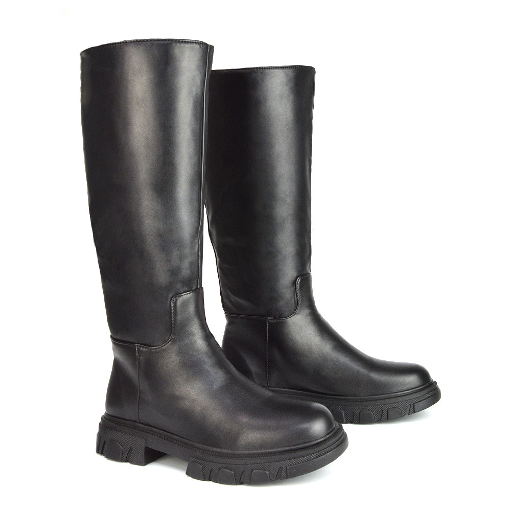BLACK | XY London | black knee high biker boots,black boots, black knee high boots, black biker boots,black flat boots,black chunky boots