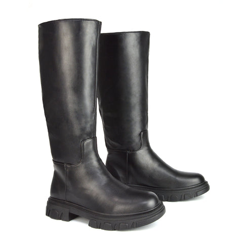 BLACK | XY London | black knee high biker boots,black boots, black knee high boots, black biker boots,black flat boots,black chunky boots