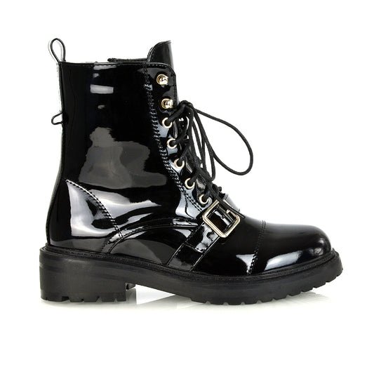 black patent | XY London | Chunky Biker Boots,Ladies Boots,Lace Up Boots,Biker Boots,Ankle Boots