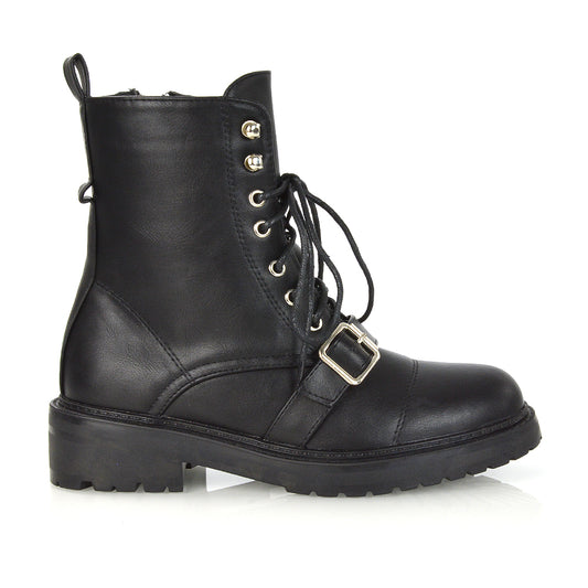 black synthetic leather | XY London | Black Biker Boots,Ankle Boots,Black Boots,A/W 2020,Black Lace Up Boots