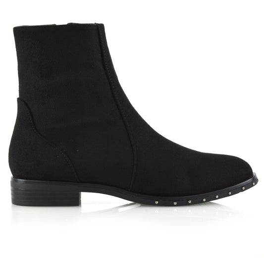 black faux suede | XY London | womans black faux suede ankle boots ,womans black faux suede studded ankle boots ,black faux suede studded ankle boots for ladies ,womans black faux suede flat boots