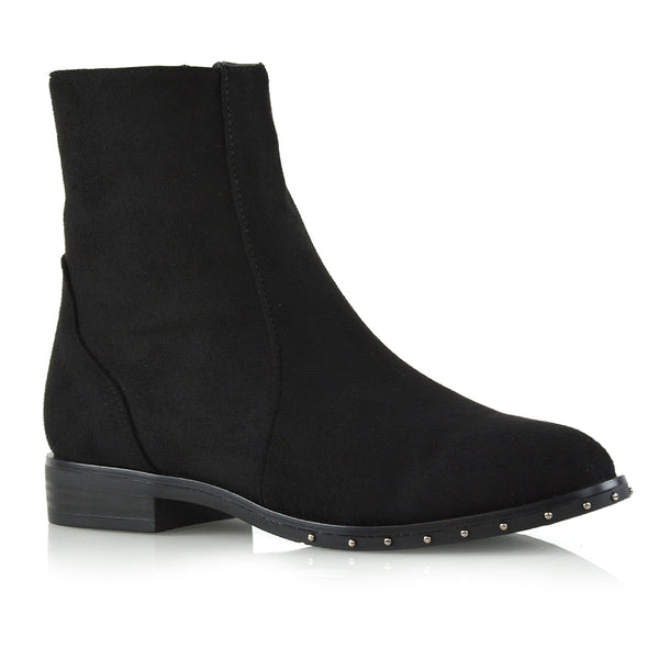 NYANE DIAMANTE STUDDED ZIP UP FLAT LOW HEEL ANKLE BOOT FAUX SUEDE