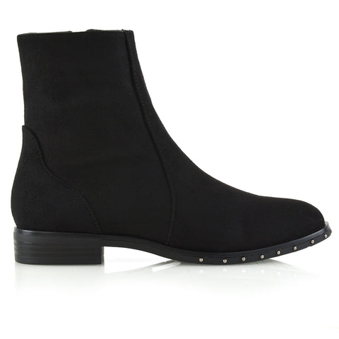 black faux suede | XY London | womans black faux suede ankle boots ,womans black faux suede studded ankle boots ,black faux suede studded ankle boots for ladies ,womans black faux suede flat boots