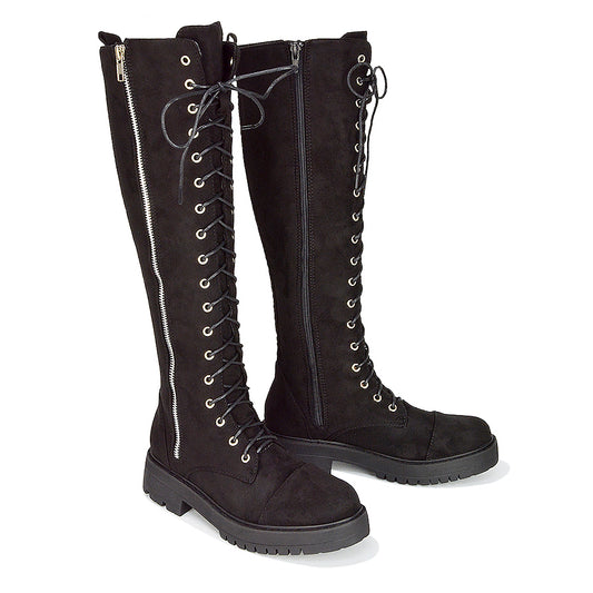 black faux suede | XY London | Knee High Boots,Lace Up Boots,Flat Boots, Black Faux Suede, Black Lace Up Boots,Ladies Flat Boots,Military Boots