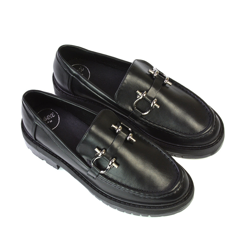 black synthetic leather | XY London | black loafers,black chunky loafers,black school shoes,black back to school shoes,black flat shoes