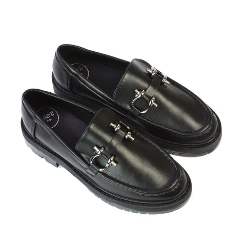 black synthetic leather | XY London | black loafers,black chunky loafers,black school shoes,black back to school shoes,black flat shoes