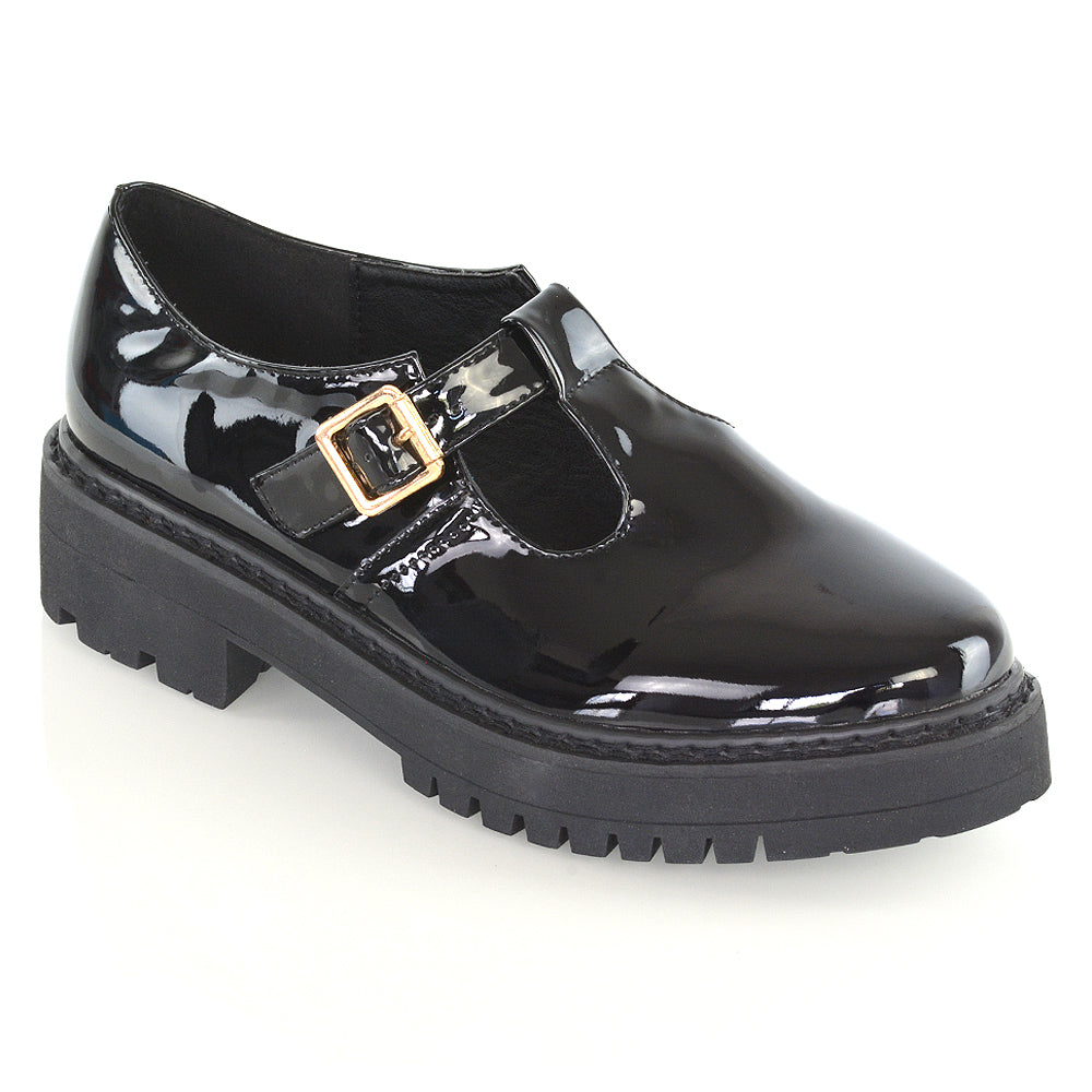 black patent | XY London | loafers in black patent,buckle up brogues ,school and work shoes in black patent,chunky sole shoes