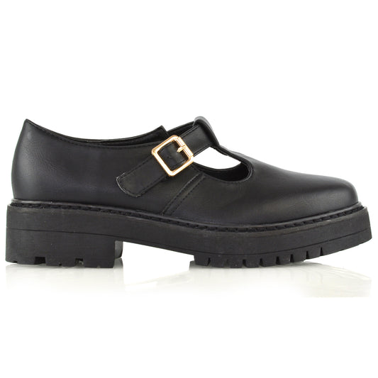 black synthetic leather | XY London | chunky sole shoes,brogues in black,black school shoes,black work shoes
