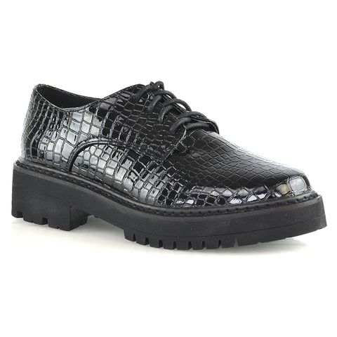 black patent | XY London | womens pumps,chunky sole shoes,lace up brogues ,school shoes in black patent