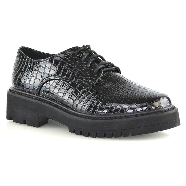 Emilia Lace up Flats Chunky Sole Low Platform Block Heel Brogues Croc