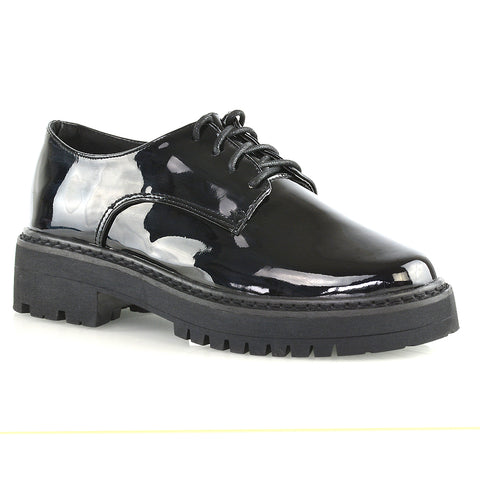 black synthetic leather | XY London | "chunky brogues,girls school shoes ,womens work shoes online,black synthetic leather
black croc 
black patent
"