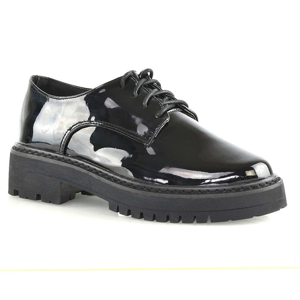 black patent | XY London | womens pumps,chunky sole shoes,lace up brogues ,school shoes in black patent