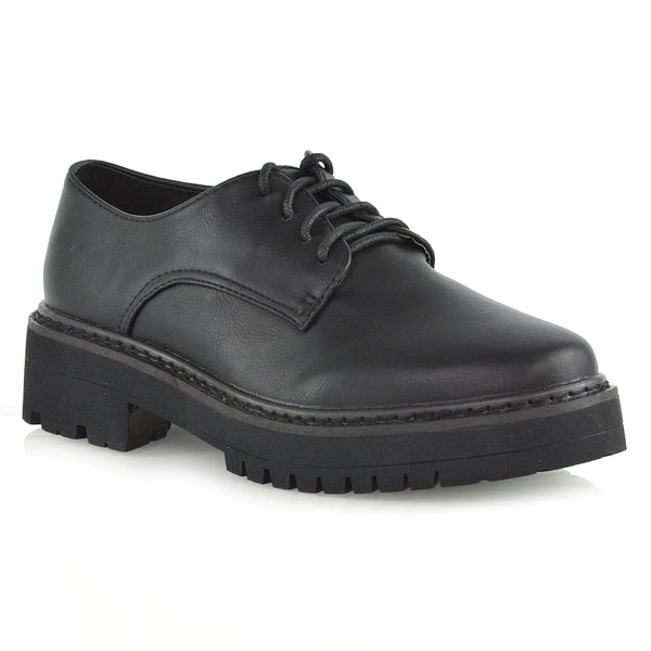 Emilia Lace up Flats Chunky Sole Low Platform Block Heel Brogues Synthetic Leather