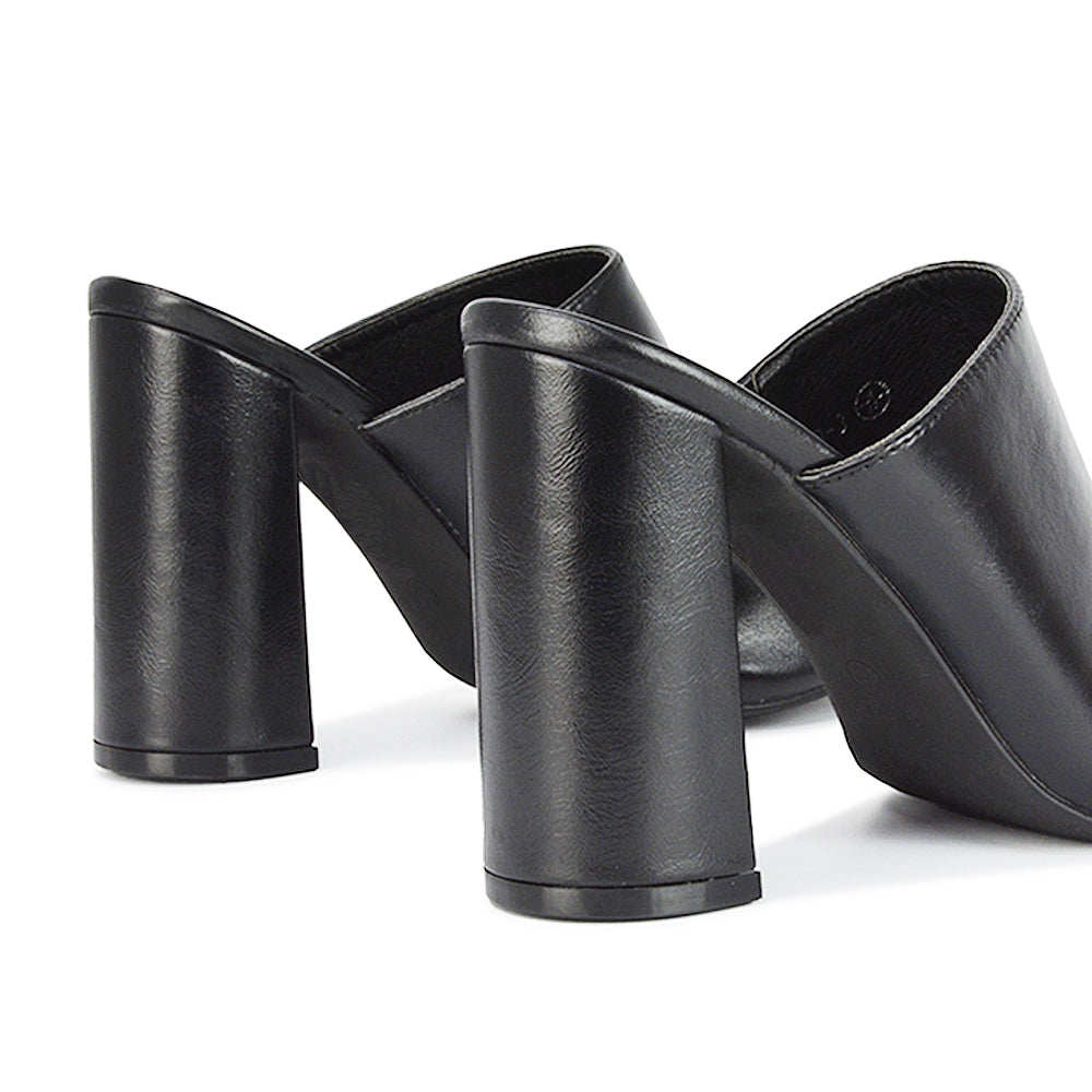 black synthetic leather | XY London | Black Mules,Black Strappy Heels,Black Block Heels,Black Block High Heels,Black Block Heels