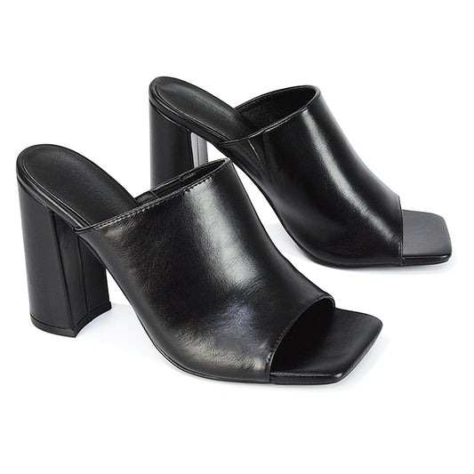 black synthetic leather | XY London | Black Mules,Black Strappy Heels,Black Block Heels,Black Block High Heels,Black Block Heels