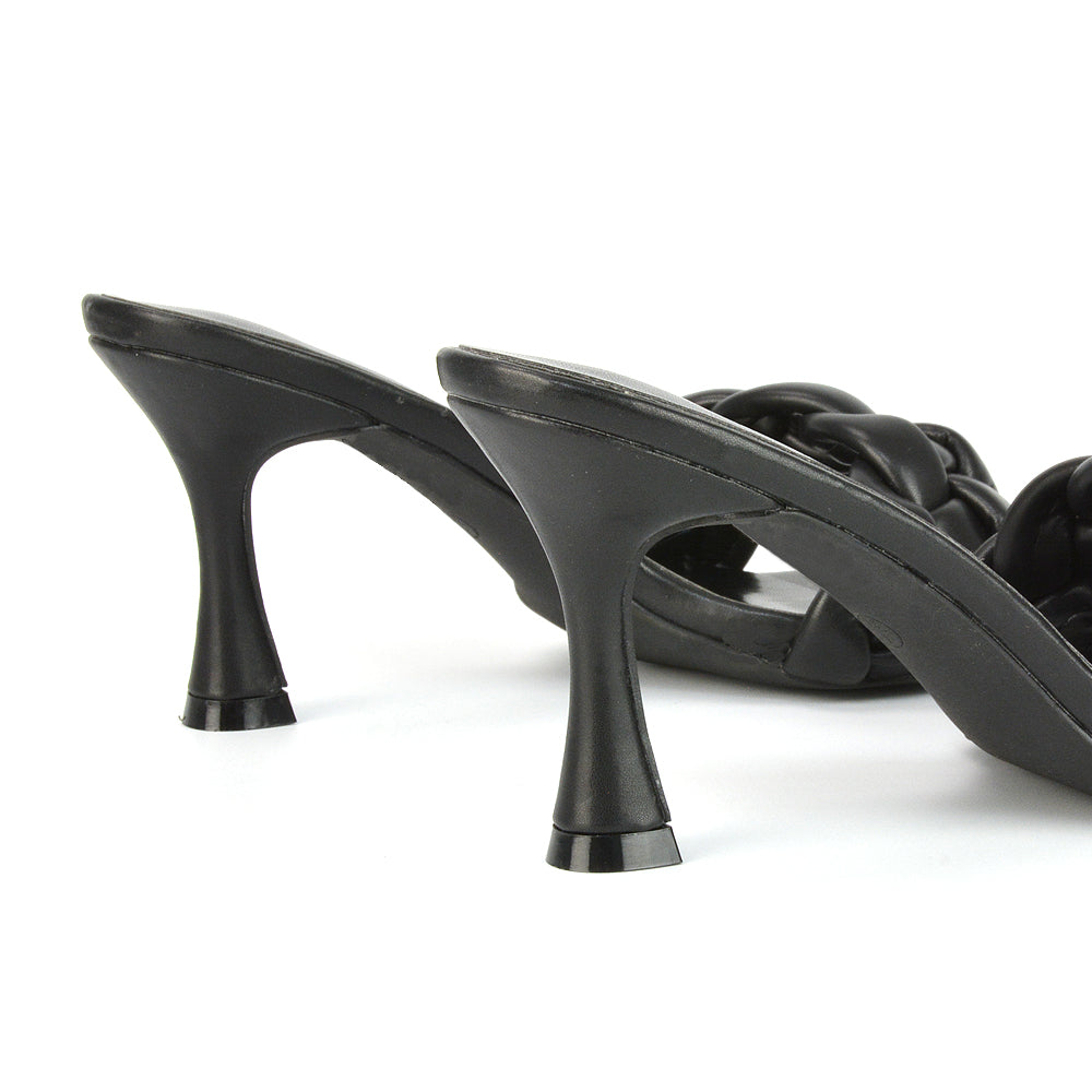 black synthetic leather | XY London | Black Heels,Black Square Toe Heels,Black Mules,Black Woven Strap Heels,Black Mid Heels