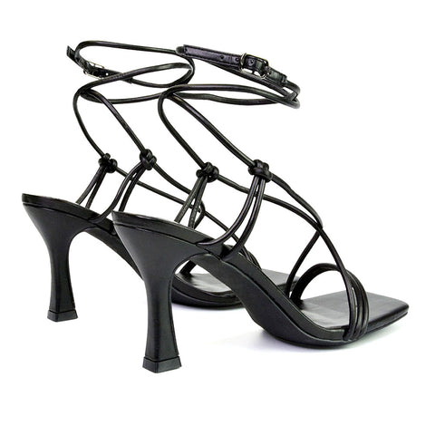 black synthetic leather | XY London | black heels,black mid heels,black strappy heels,black lace up heels