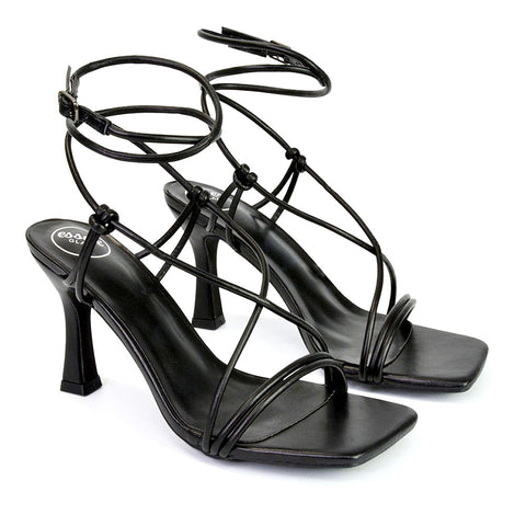 black synthetic leather | XY London | black heels,black mid heels,black strappy heels,black lace up heels