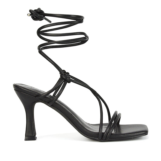 black synthetic leather | XY London | Black Heels,Black Lace Up Heels,Black Square Toe Heels,Black Strappy Heels,Black High Heels