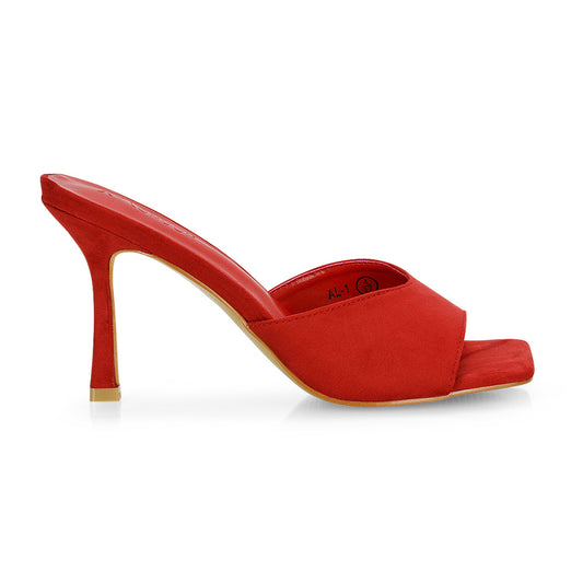 red | XY London | square toe heels ,red faux suede heels,heeled mules,womens heels online,red heels