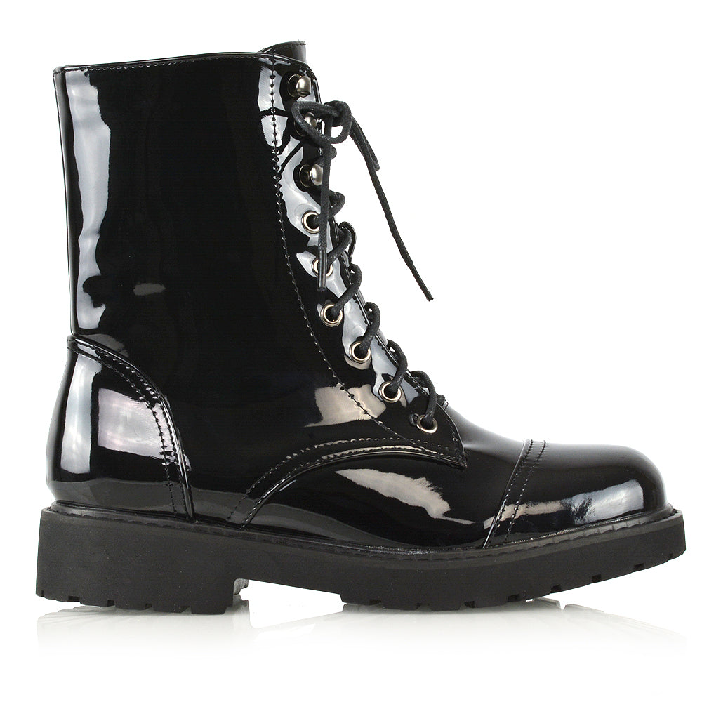 black patent | XY London | ankle boots,boots,biker boots,lace up boots,combat boots,patent boots,zip up boots
