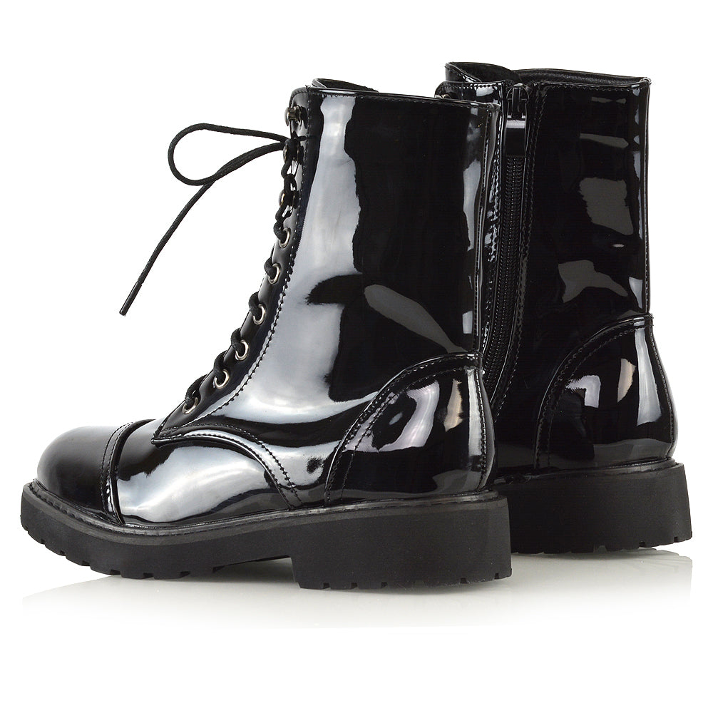 black patent | XY London | ankle boots,boots,biker boots,lace up boots,combat boots,patent boots,zip up boots