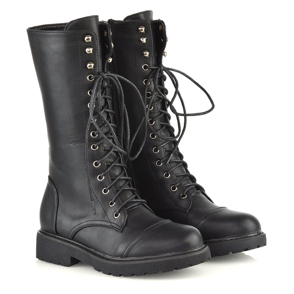 Mulan Knee High Chunky Mid Calf Military Lace up Combat Boots Synthetic Leather