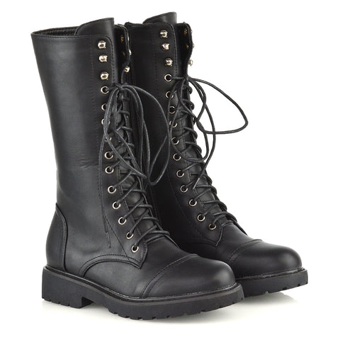 black synthetic leather | XY London | biker boots,mid calf high boots,military chunky sole boots in black,lace up boots,chunky sole military boots