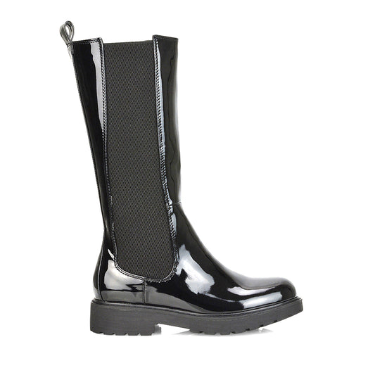 black patent | XY London | elasticated boots,black patent biker boots,chunky biker boots,ladies boots online,black patent boots