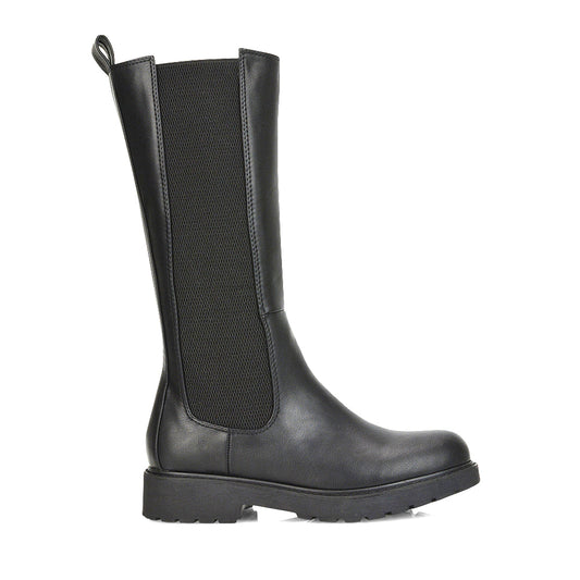 black synthetic leather | XY London | elasticated black boots,chunky biker boots,long black boots,ladies biker boots,black pu boots