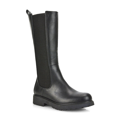 black synthetic leather | XY London | elasticated black boots,chunky biker boots,long black boots,ladies biker boots,black pu boots